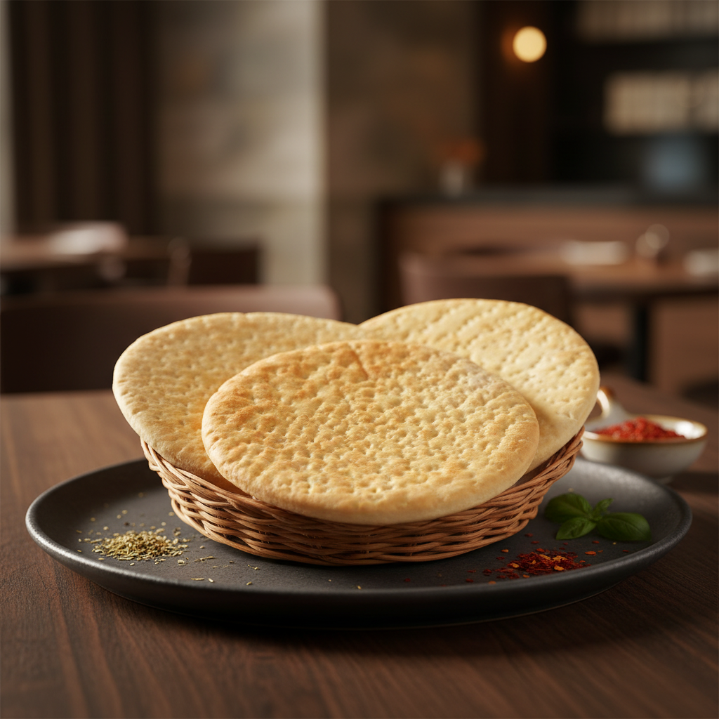 A round wicker basket displaying three soft, light-golden round thin crust pizza bases on a black plate with a small bowl of red pizza sauce in the background.