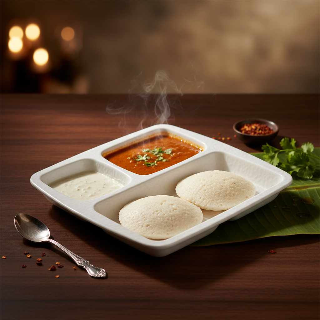 Two soft steamed idlis served in a white partitioned plate with hot steaming sambar and white coconut chutney on a wooden table.