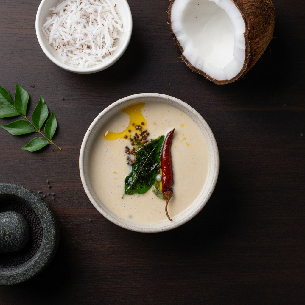 Overhead view of a bowl of creamy white South Indian coconut chutney tempered with a dried red chili, curry leaves, and mustard seeds.