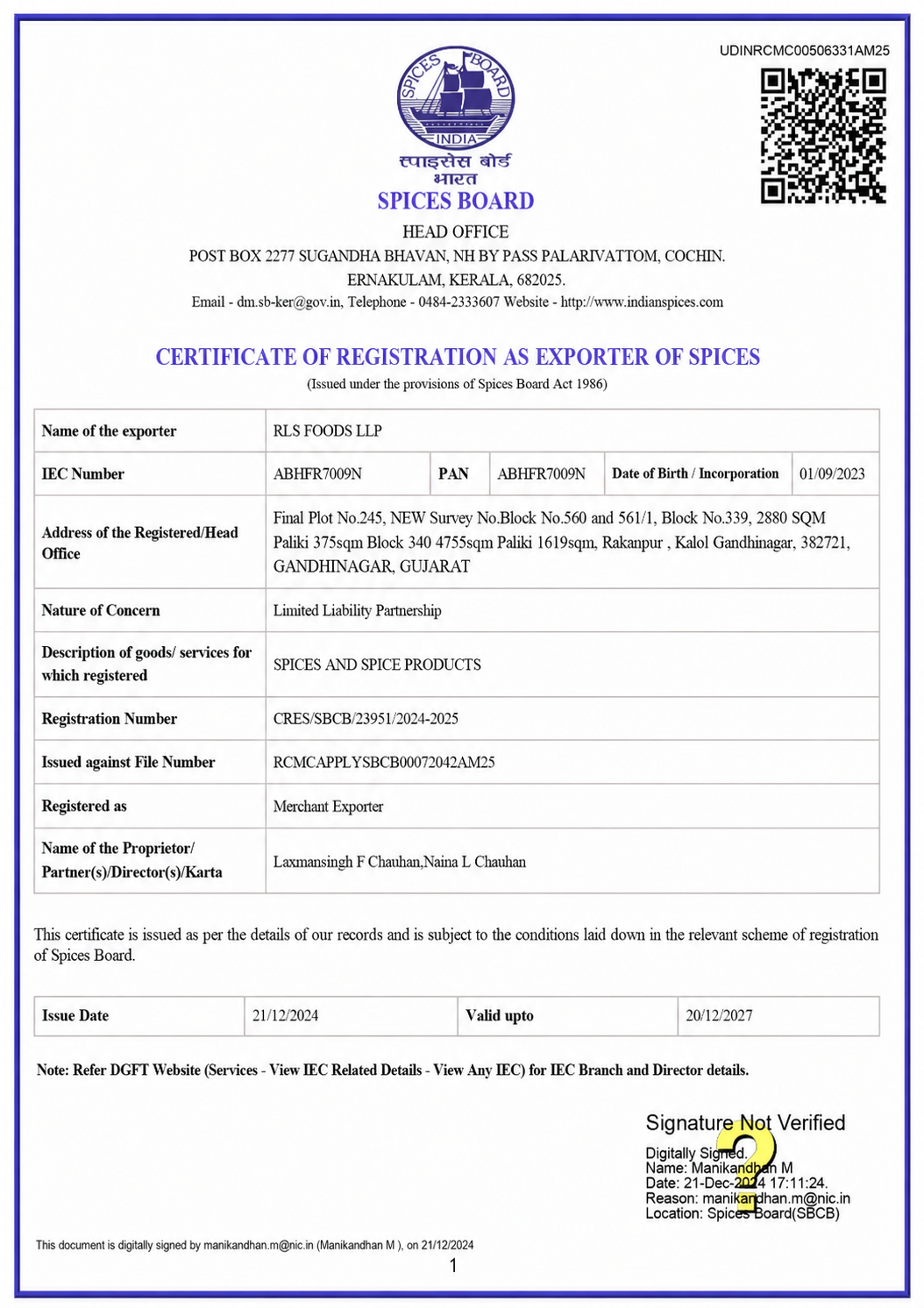 Spices Board India Registration Certificate RLS Foods LLP