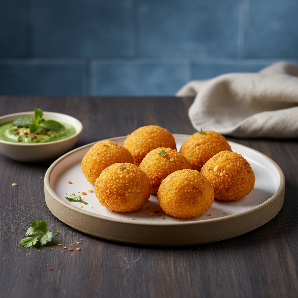 Six crispy, golden Kolhapuri spice balls arranged on a minimalist tan rimmed plate, served with a side bowl of green herb dipping chutney over a dark wooden table.