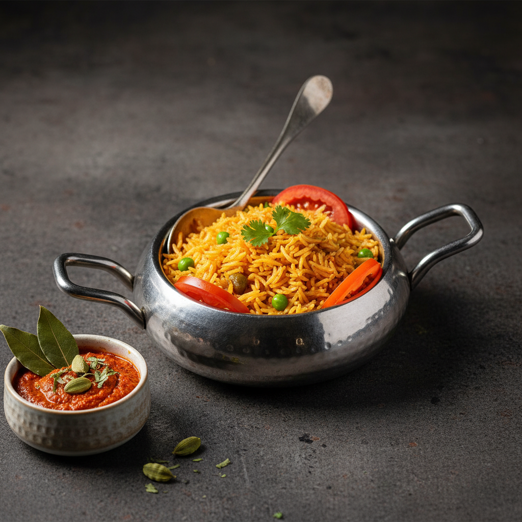 A stainless steel handi filled with yellow Tawa Pulao rice topped with green peas and tomato slices, next to a small ceramic bowl of rich red tawa pulao masala paste.