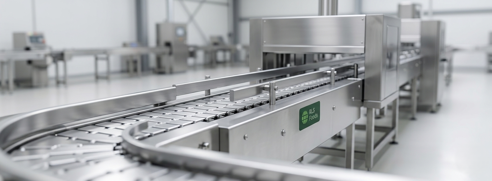 Polished stainless steel modular conveyor belt system stretching across a clean, empty food processing plant floor.