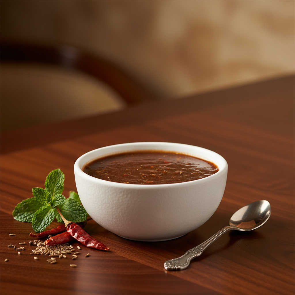 A white textured ceramic bowl filled with glossy dark brown sweet and tangy tamarind chutney, served on a wooden table with a silver spoon, whole dried red chilies, cumin seeds, and a mint sprig.