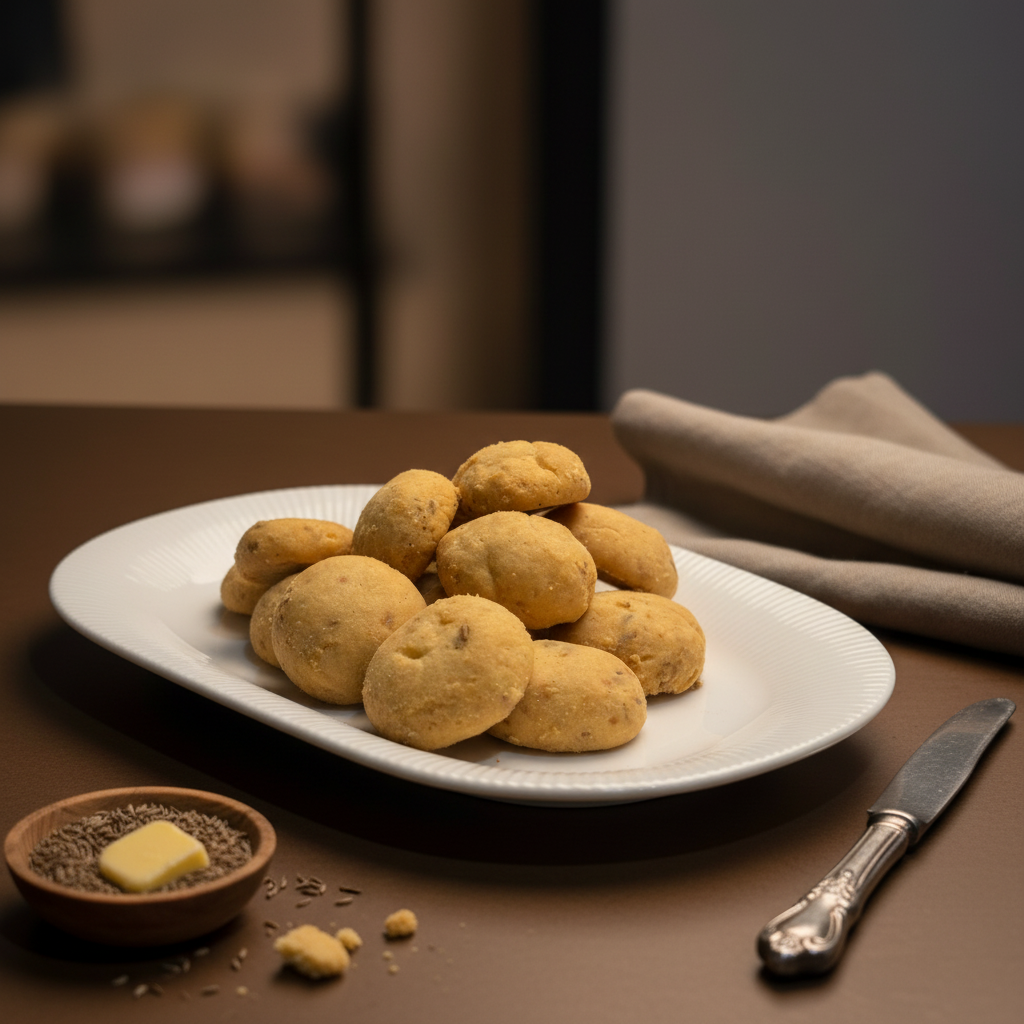 A white ribbed oval plate filled with round, golden-brown Surti butter biscuits, styled next to a small wooden bowl containing cumin seeds and a pat of butter.