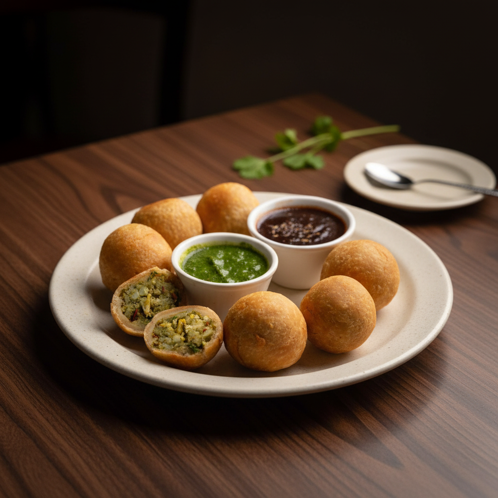 Golden-fried Lilva kachoris served with traditional sweet and spicy Indian dipping sauces on a white stone platter over a dark wooden table.