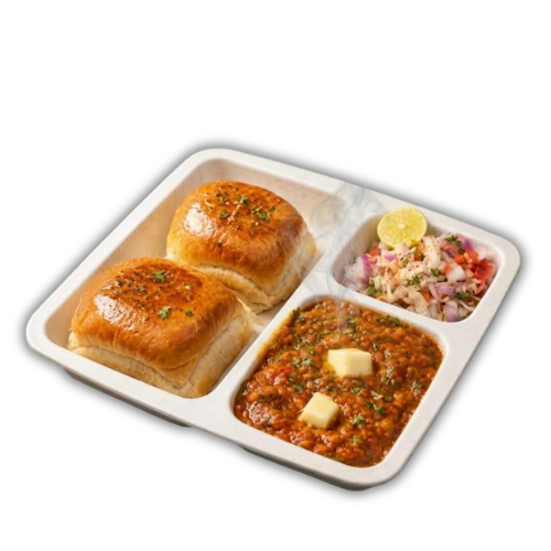 Pav bhaji with buttered buns and onion salad