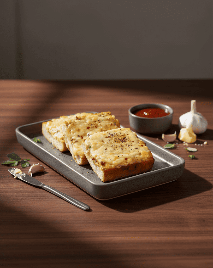 hree slices of exotic garlic toast layered with rich melted cheese, sweet corn kernels, and herbs, served on a white platter.