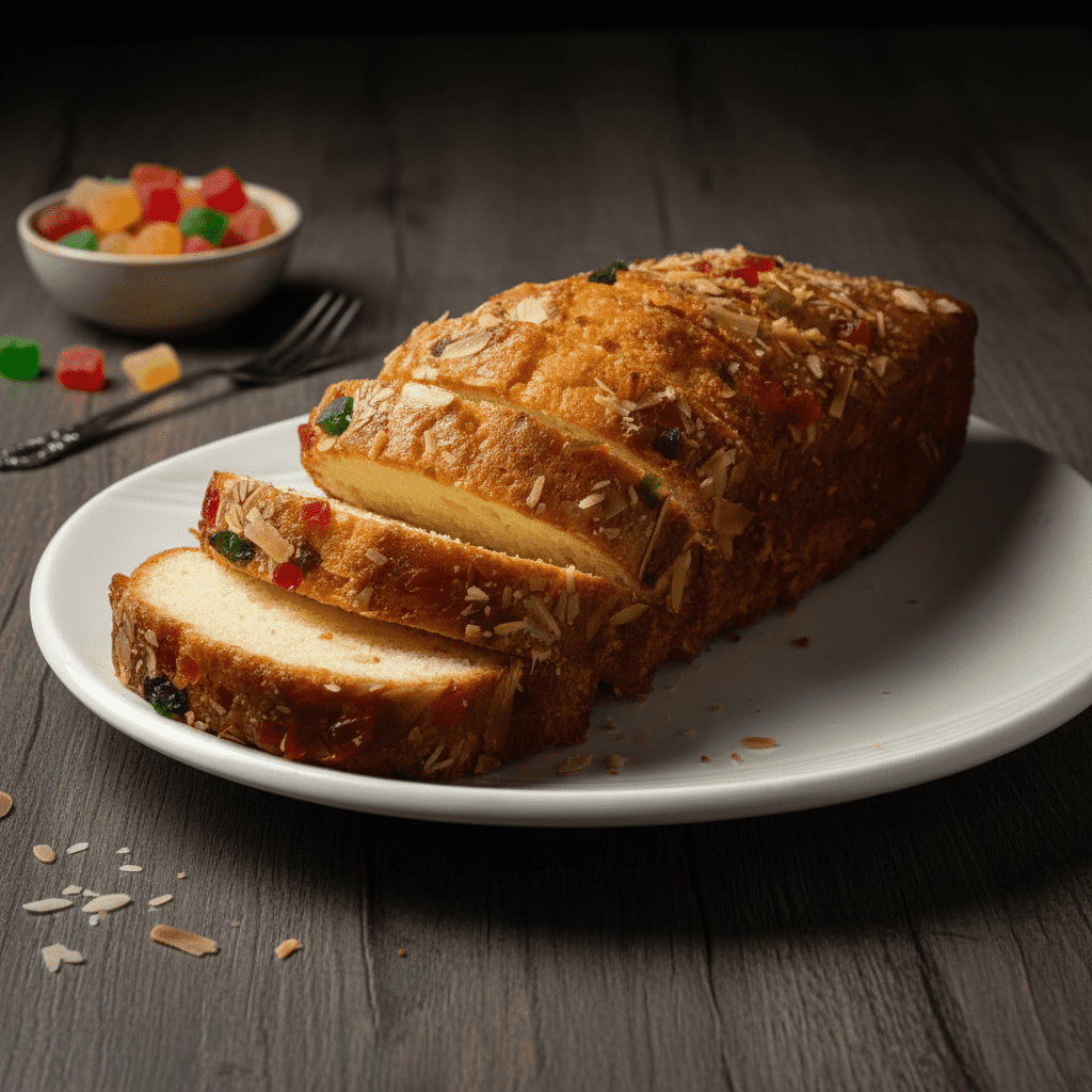 Slices of moist and fluffy tutti frutti sponge cake topped with slivered almonds, baked fresh by RLS Foods.