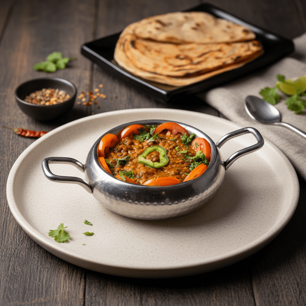 A stainless steel handi filled with thick North Indian Mung Masala curry garnished with sliced tomatoes and a green pepper ring, served on a round cream plate with flaky parathas in the background.