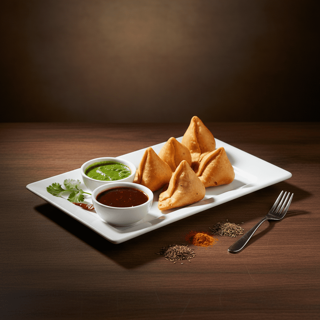 A rectangular white ceramic plate holding five large, golden-brown Punjabi samosas alongside two bowls of green mint chutney and brown tamarind chutney, styled with a silver fork on a dark wood table.