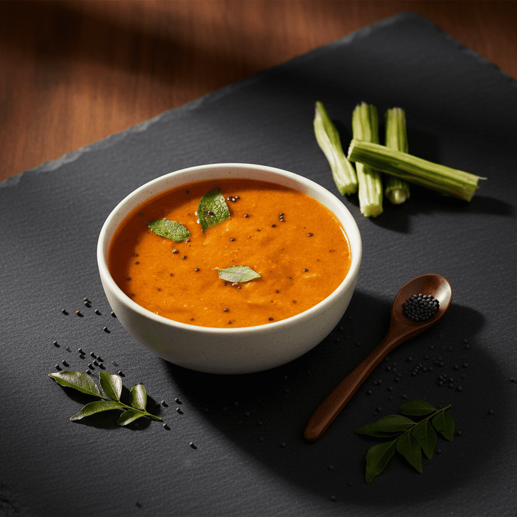 A bowl of traditional South Indian sambar garnished with curry leaves and mustard seeds, served on a black stone platter with fresh drumstick pieces on the side.