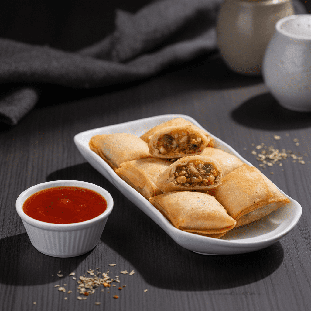 A white rectangular dish filled with golden-brown, square-shaped pizza pattice pockets, with two cut open to reveal a savory filling of melted cheese, corn, and vegetables, served with tomato ketchup.