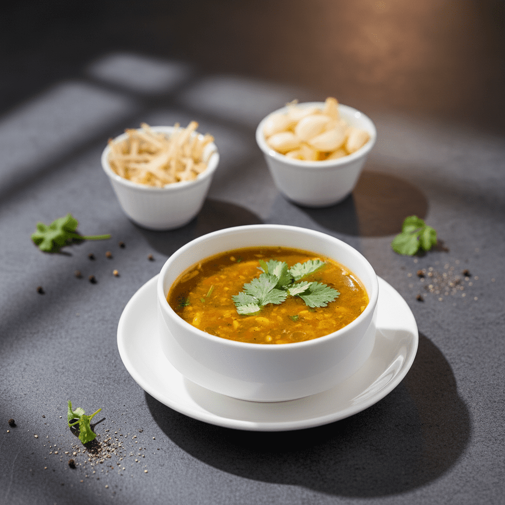 Clear golden-brown ginger and garlic vegetable soup in a white bowl topped with fresh cilantro leaves, with fried noodles and garlic cloves in the background.