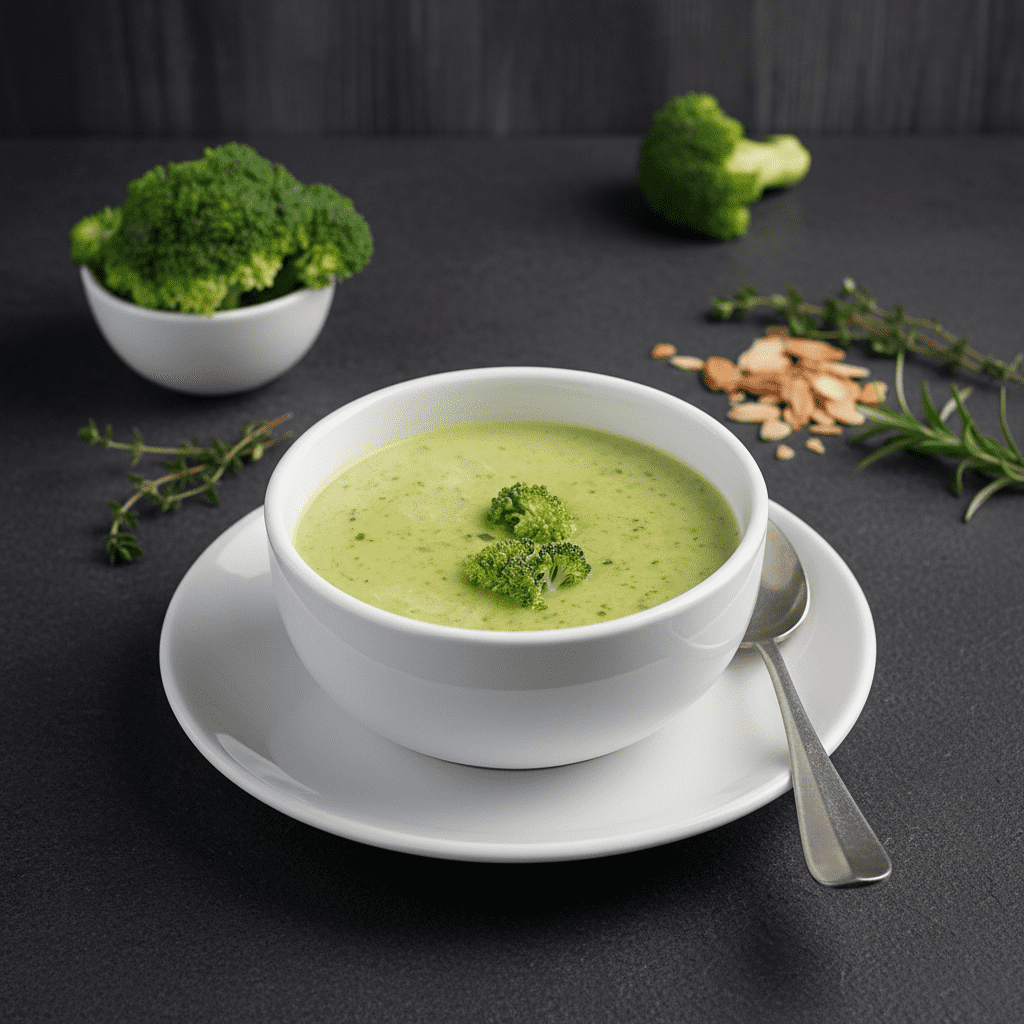 A white ceramic bowl filled with creamy green broccoli soup topped with fresh broccoli florets, served with a spoon on a dark grey textured background.