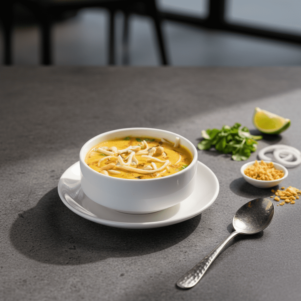 A white bowl filled with creamy yellow Burmese Khow Suey soup topped with noodles, fried onions, and peanuts on a rustic wooden table.