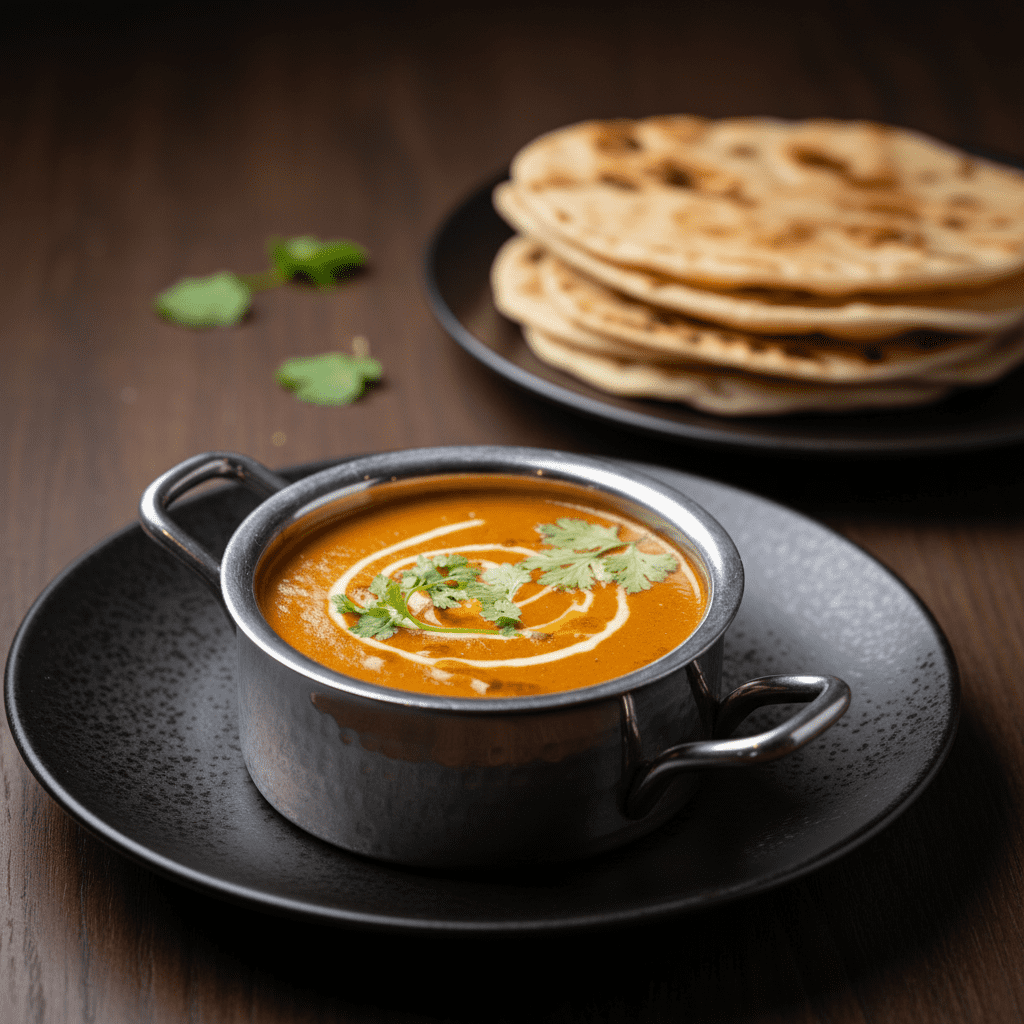 A stainless steel bowl of rich, creamy Indian orange-brown gravy garnished with fresh coriander and a swirl of cream, served with a stack of naan bread.