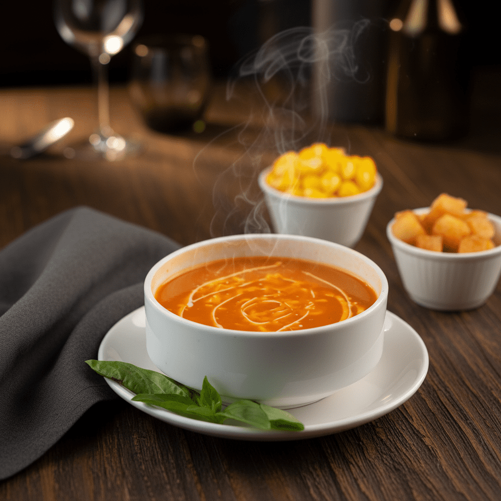 A steaming white ceramic bowl of creamy tomato soup with a cream swirl and fresh basil leaf garnish, served with side bowls of golden croutons and sweet corn on a wooden table.