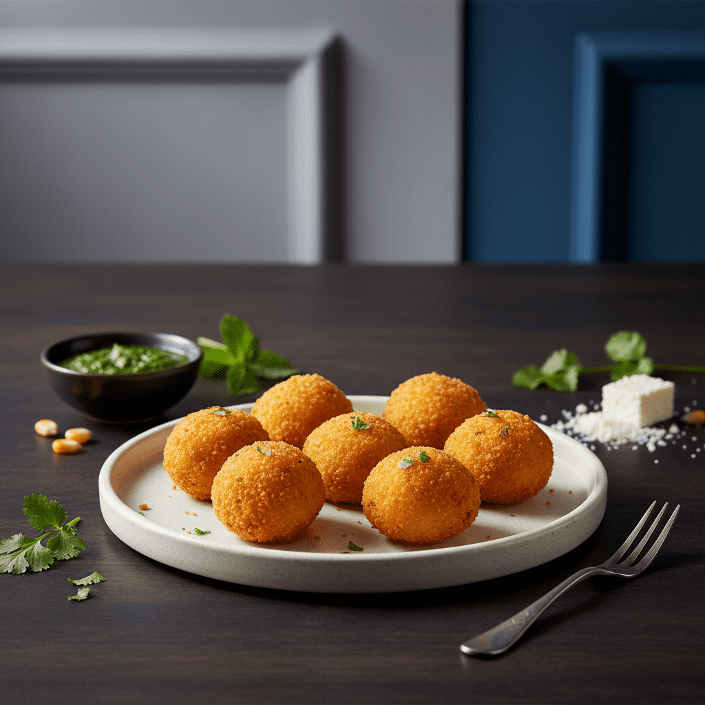 A ribbed white ceramic plate filled with seven golden-brown cheese jalapeno balls garnished with fresh coriander leaves, resting on a black slate mat with a silver fork.