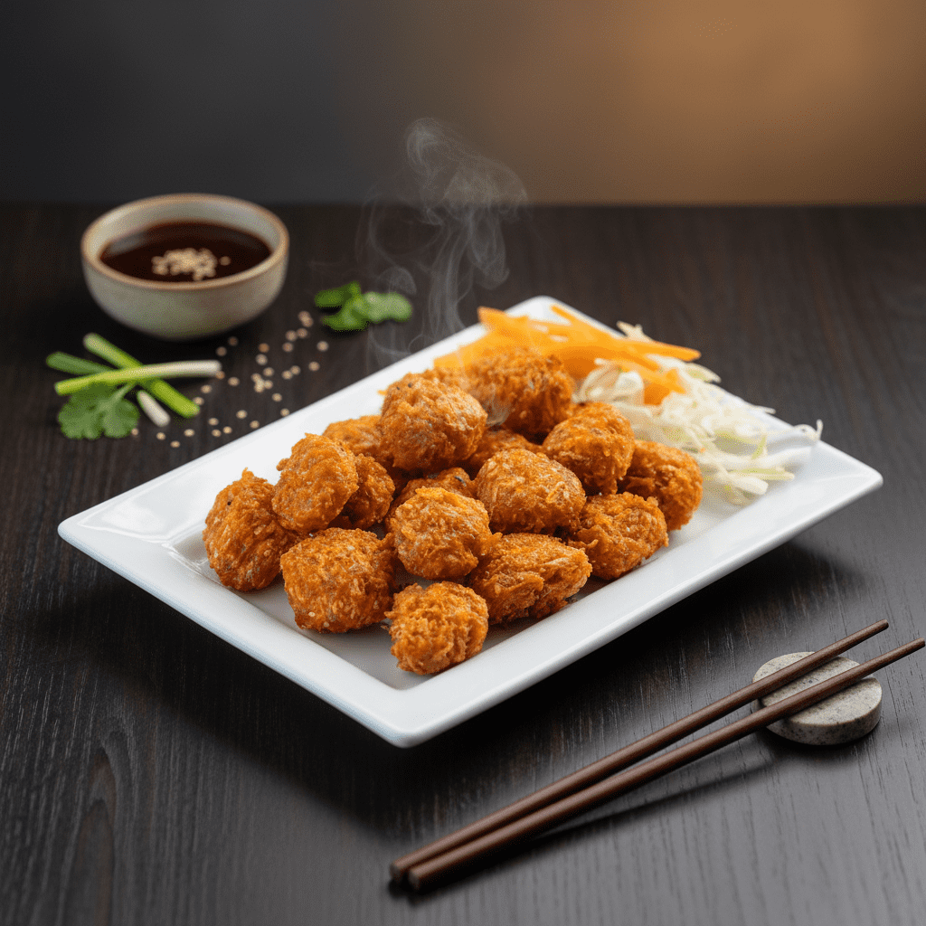 A steaming white platter stacked with crispy fried veg Manchurian balls, garnished with julienned carrots and cabbage, with dark soy dip and chopsticks on the side.