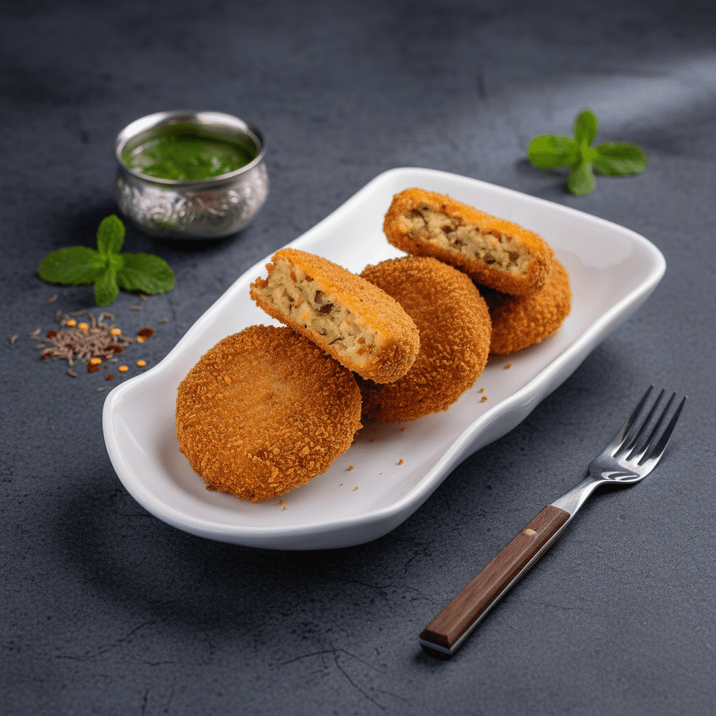 Crispy breaded aloo tikki patties on a white serving plate, with one tikki cut in half to show the spiced potato and vegetable filling, served with green chutney.