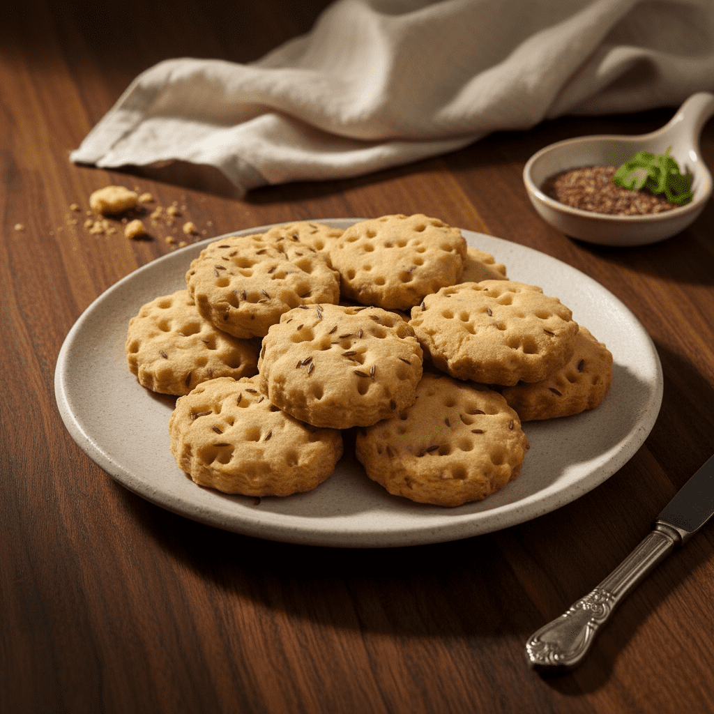 A light beige plate filled with circular, scalloped-edge jeera bites cookies showing visible cumin seeds and decorative fork punctures on the surface.