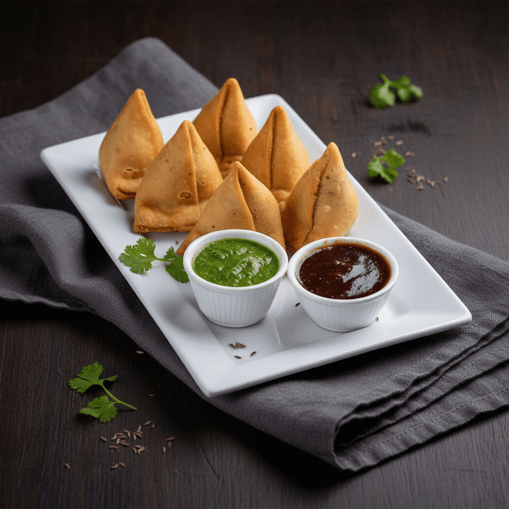 Six golden-brown, crispy Punjabi samosas arranged on a white rectangular platter, served with bowls of green mint chutney and dark brown tamarind sweet chutney.