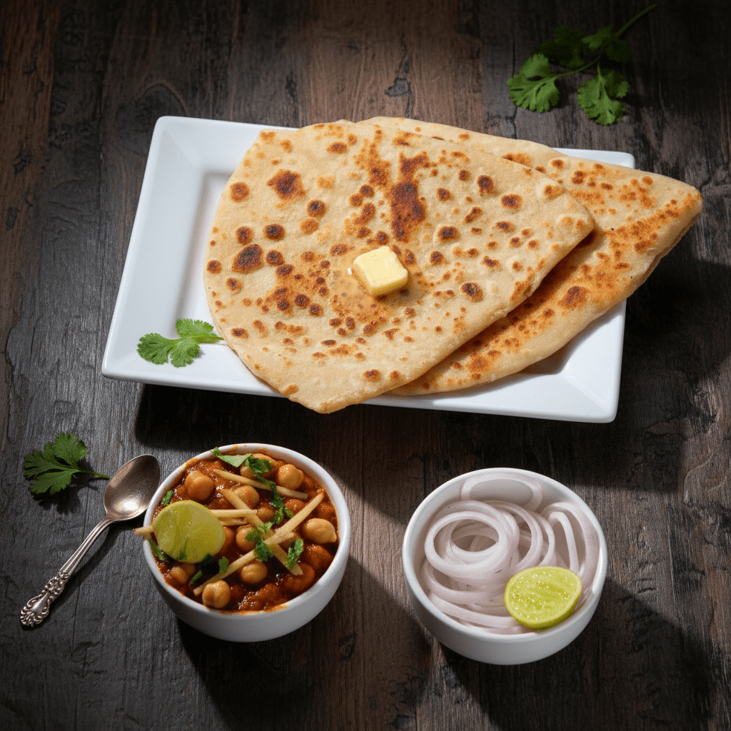 Two golden-brown, triangular flatbreads with a melting butter cube on a white square plate, served with a side bowl of chole masala and a bowl of sliced onion rings with lime.