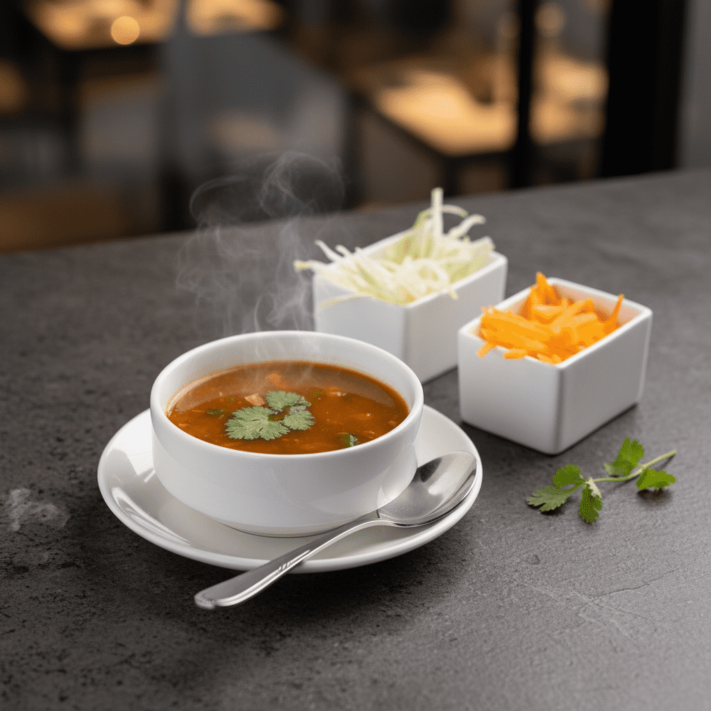 A steaming white ceramic bowl of Indo-Chinese Hot and Sour vegetable soup garnished with a fresh coriander leaf, served with shredded cabbage and carrots on the side.
