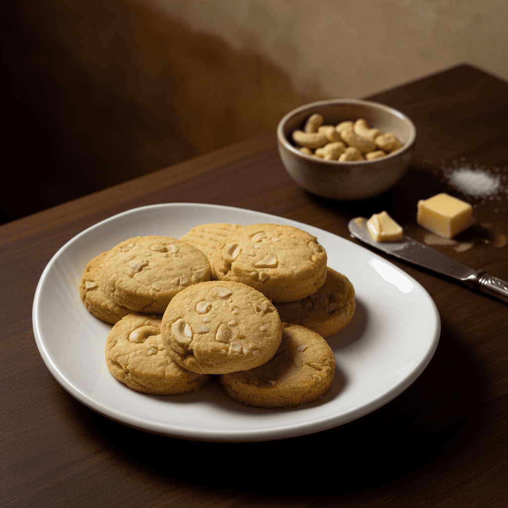 A heap of round, light-golden kaju butter cookies studded with chopped cashew nut pieces on a white plate, alongside raw cashews and a butter knife.