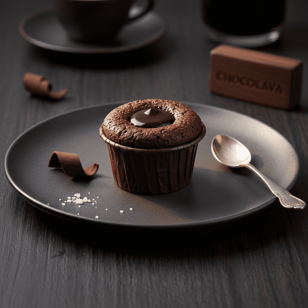 A rich chocolate lava cake in a dark wrapper on a black matte plate, with a pool of glossy molten chocolate sauce on top, served with a silver spoon.