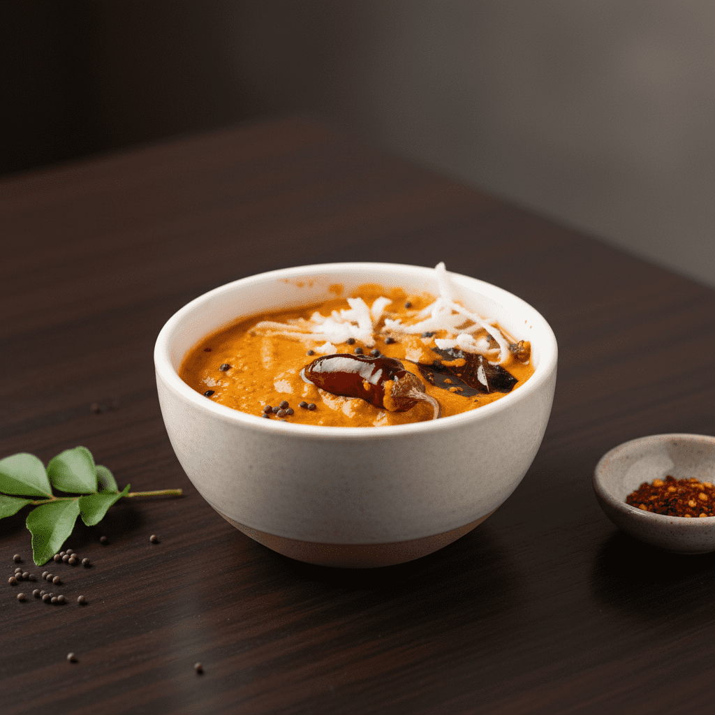 Authentic South Indian Mysore chutney garnished with grated coconut, mustard seeds, and a whole red chili in a white ceramic bowl.