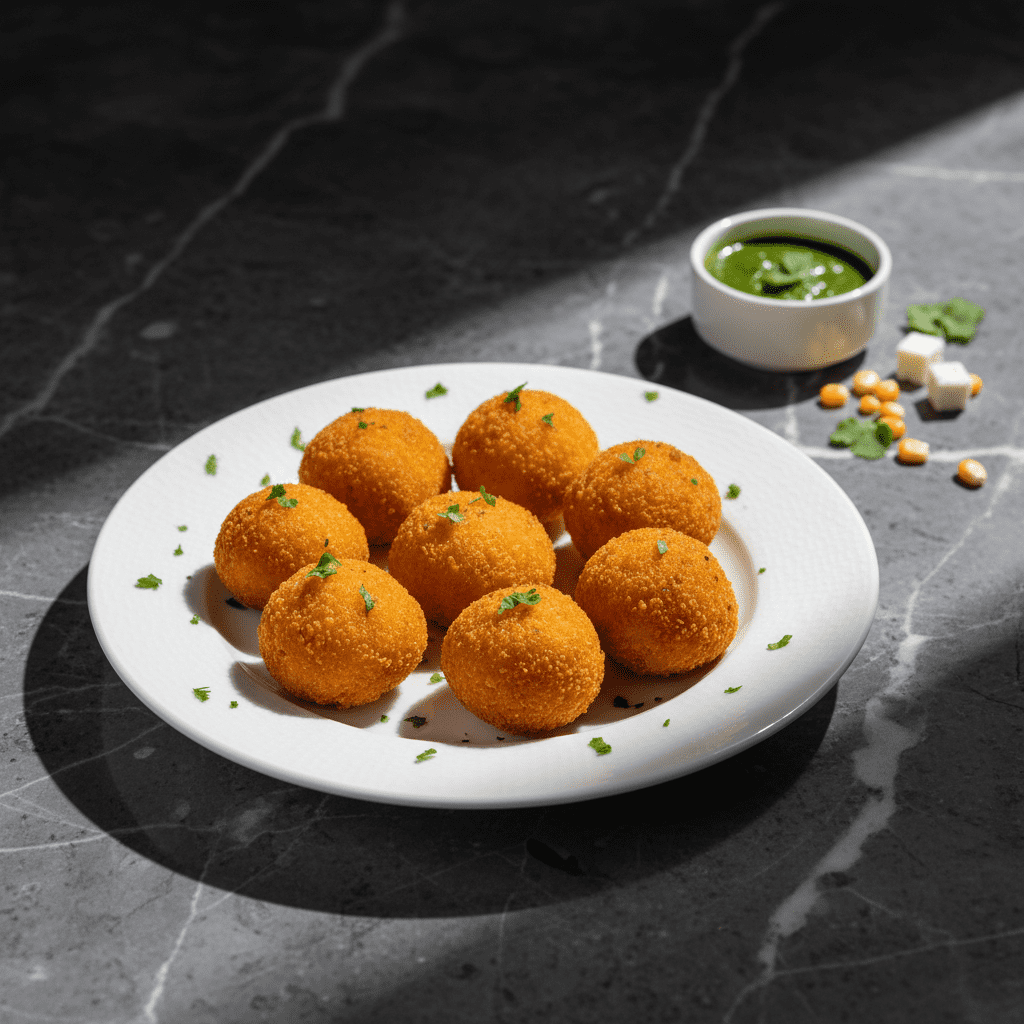 A white plate filled with eight golden-brown fried paneer cheese jalapeno balls garnished with chopped herbs, served on a dark marble countertop with a side of green chutney, paneer cubes, and corn kernels.