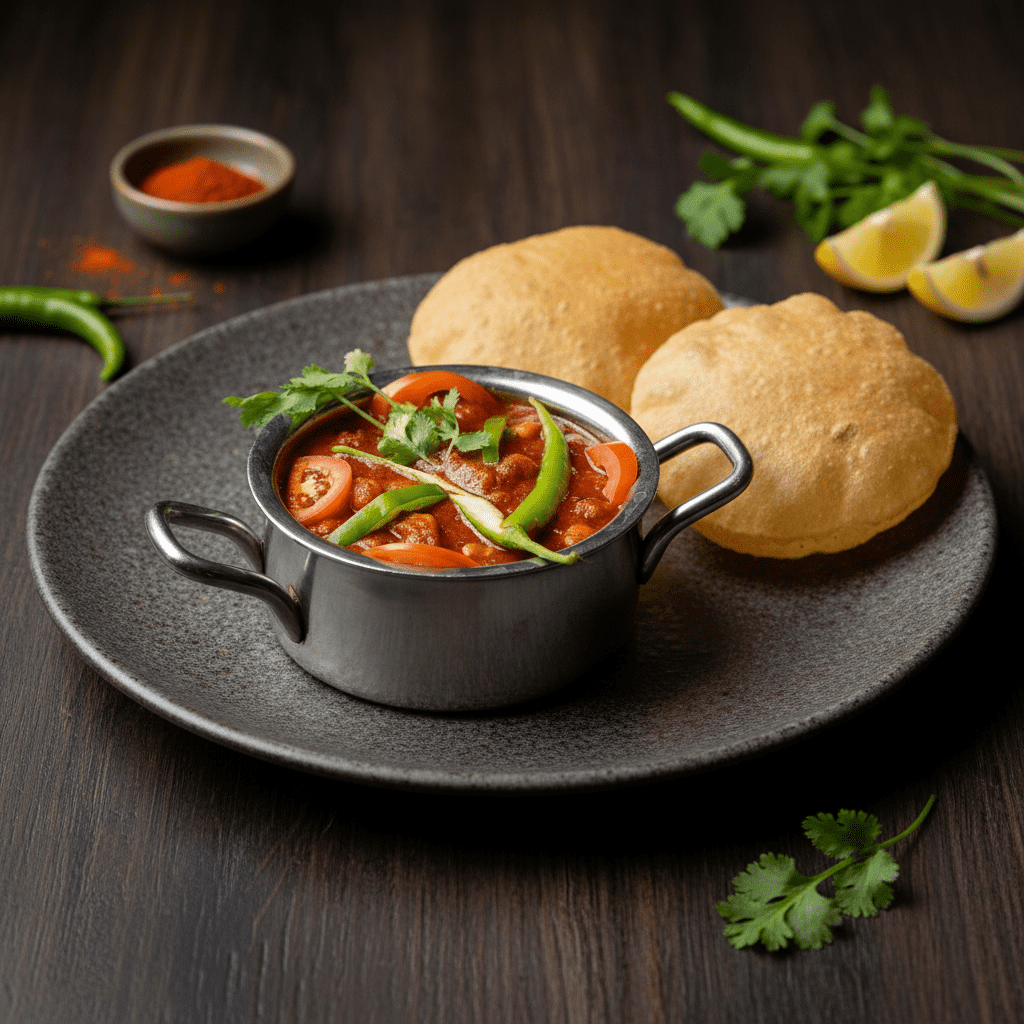 Punjabi chole served in a stainless steel handi alongside two fluffy, golden fried bhature on a dark rustic plate.