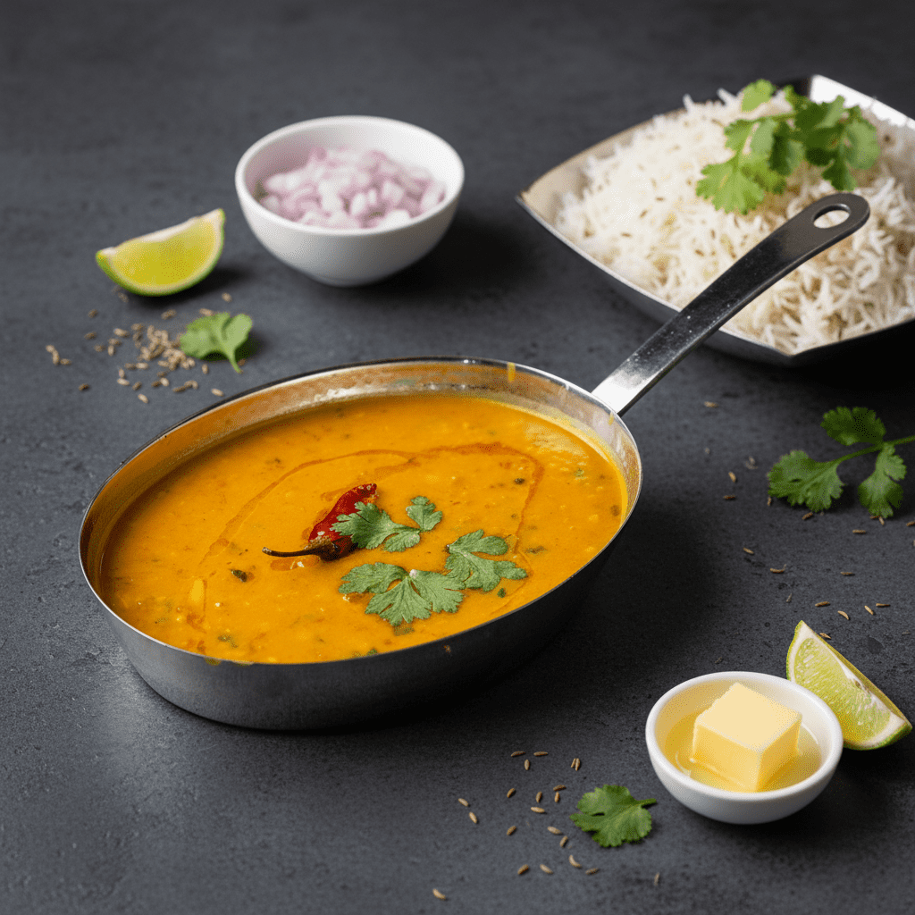 An oval stainless steel pan filled with yellow Punjabi dal fry topped with a red chili and coriander, served with a side of fluffy white jeera rice and a cube of butter.