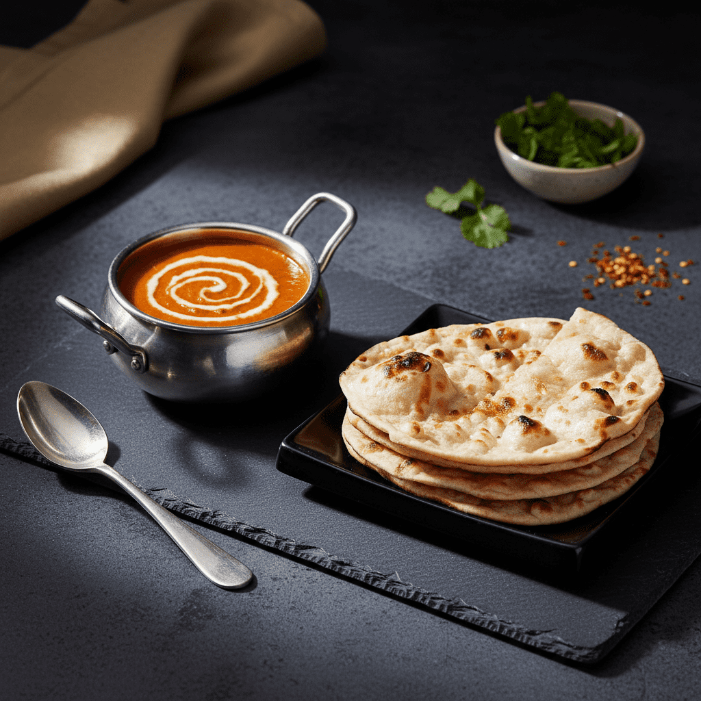 Creamy North Indian Punjabi red gravy with a fresh cream swirl in a stainless steel mini wok, served alongside stacked tandoori roti or naan.