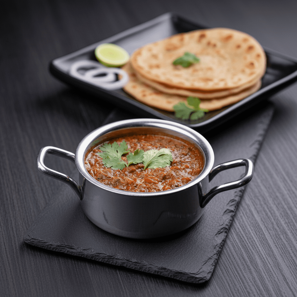 A stainless steel bowl of rich, dark red Punjabi Rajma Masala curry topped with fresh coriander leaves, resting on a black slate mat next to a plate of parathas, onion rings, and a lemon wedge.