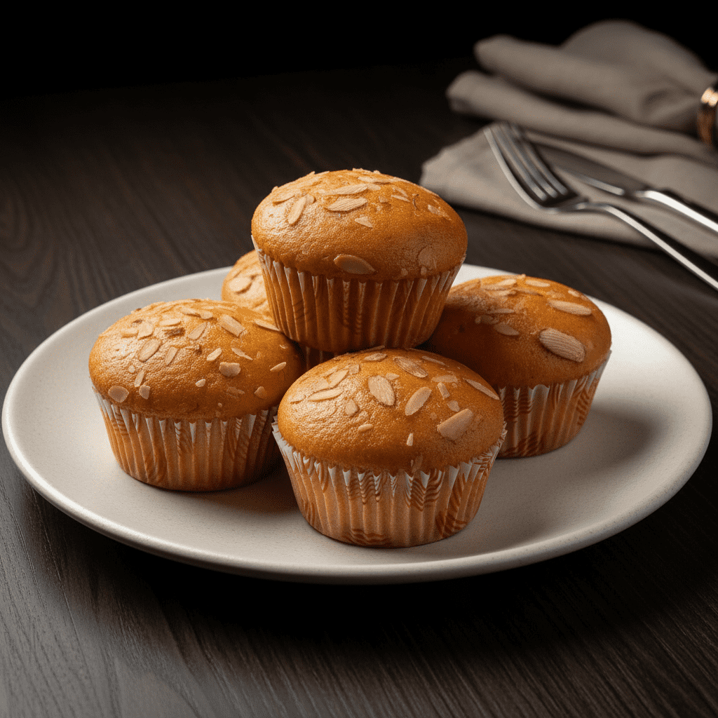 A small stack of five golden-brown mava cupcakes topped with sliced almonds, arranged neatly on a round white ceramic plate over a dark wooden table.