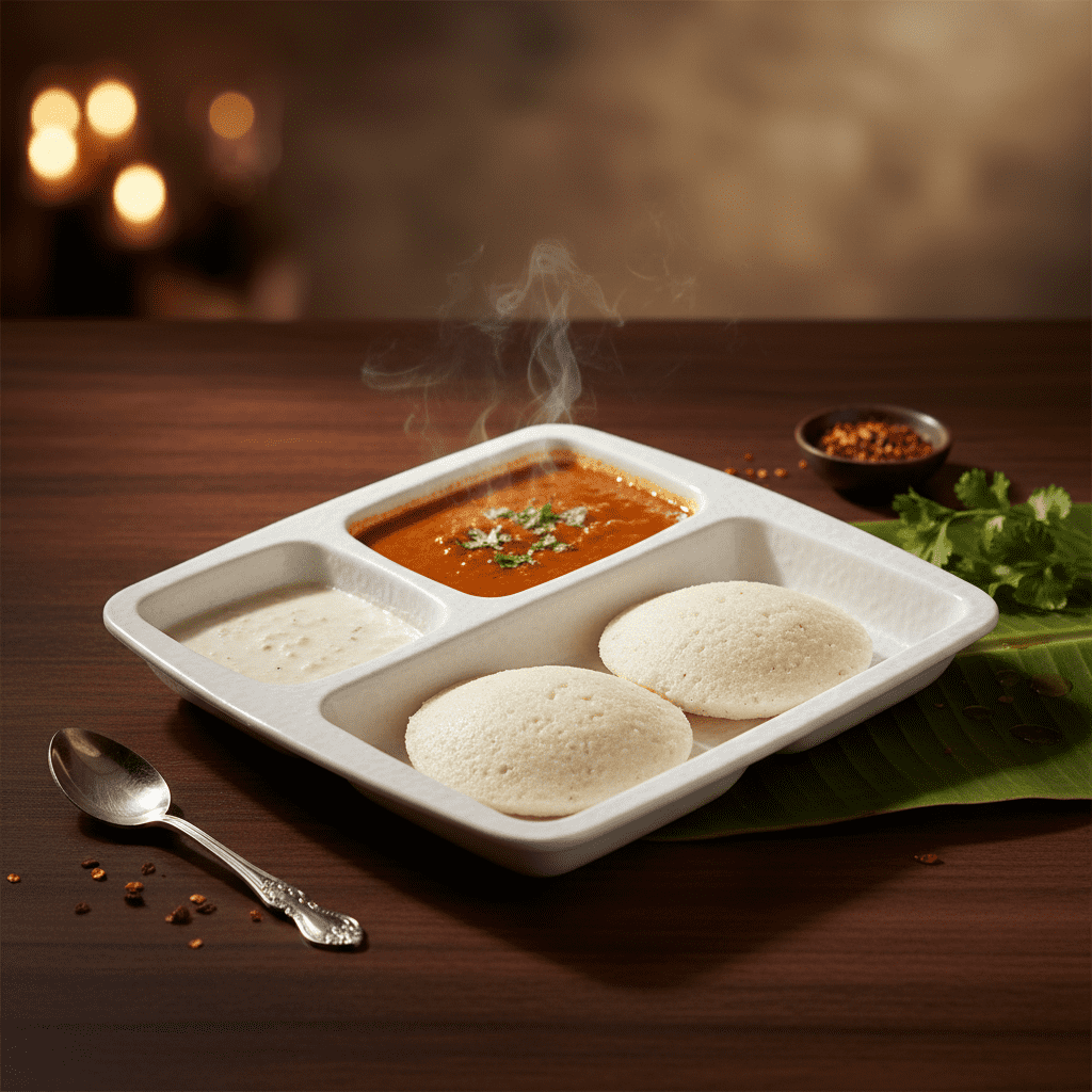Two soft steamed idlis served in a white partitioned plate with hot steaming sambar and white coconut chutney on a wooden table.