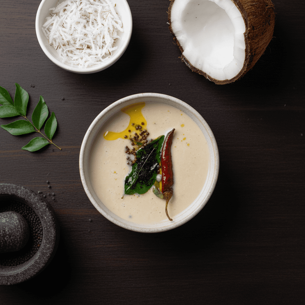 Overhead view of a bowl of creamy white South Indian coconut chutney tempered with a dried red chili, curry leaves, and mustard seeds.