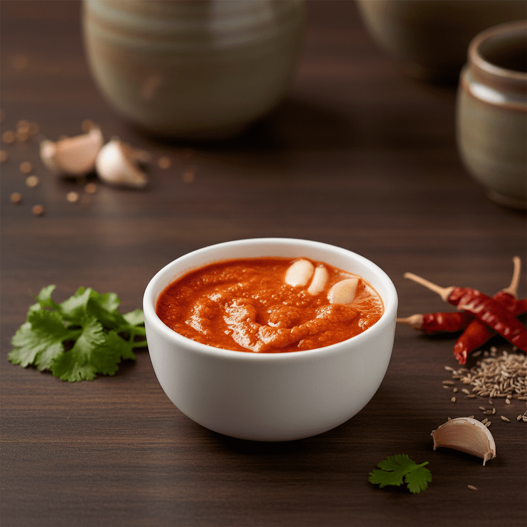 Bright red spicy garlic chutney topped with peeled garlic cloves in a white bowl surrounded by fresh coriander and red chilies.