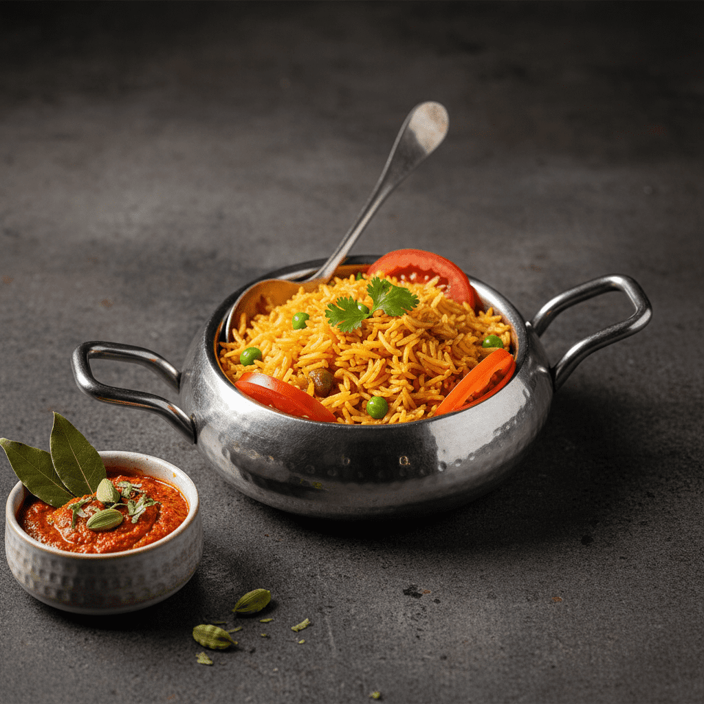 A stainless steel handi filled with yellow Tawa Pulao rice topped with green peas and tomato slices, next to a small ceramic bowl of rich red tawa pulao masala paste.