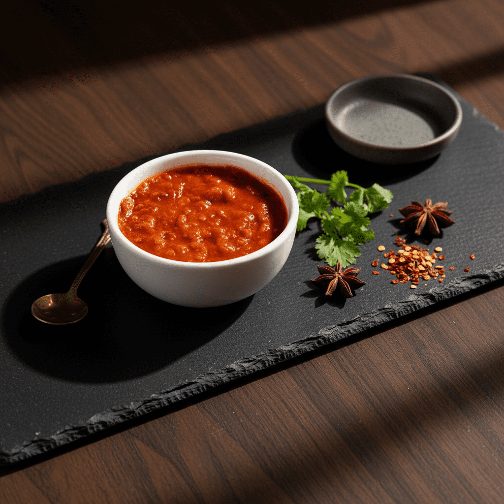 A white bowl filled with vibrant red, textured Schezwan sauce served on a long black slate platter with star anise, red chili flakes, and fresh cilantro sprigs.