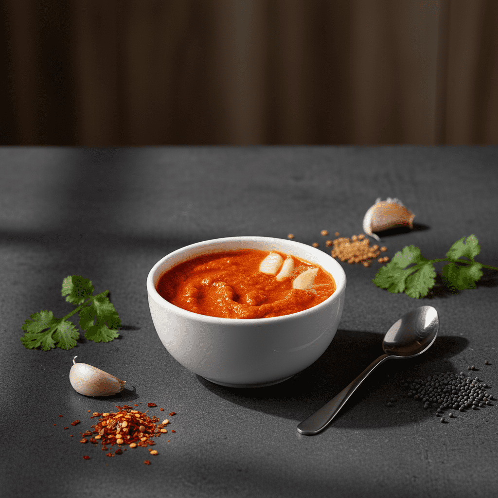 A white ceramic bowl filled with thick, vibrant red tomato onion chutney, served on a dark textured tabletop with a steel spoon, fresh coriander sprigs, and scattered spices.