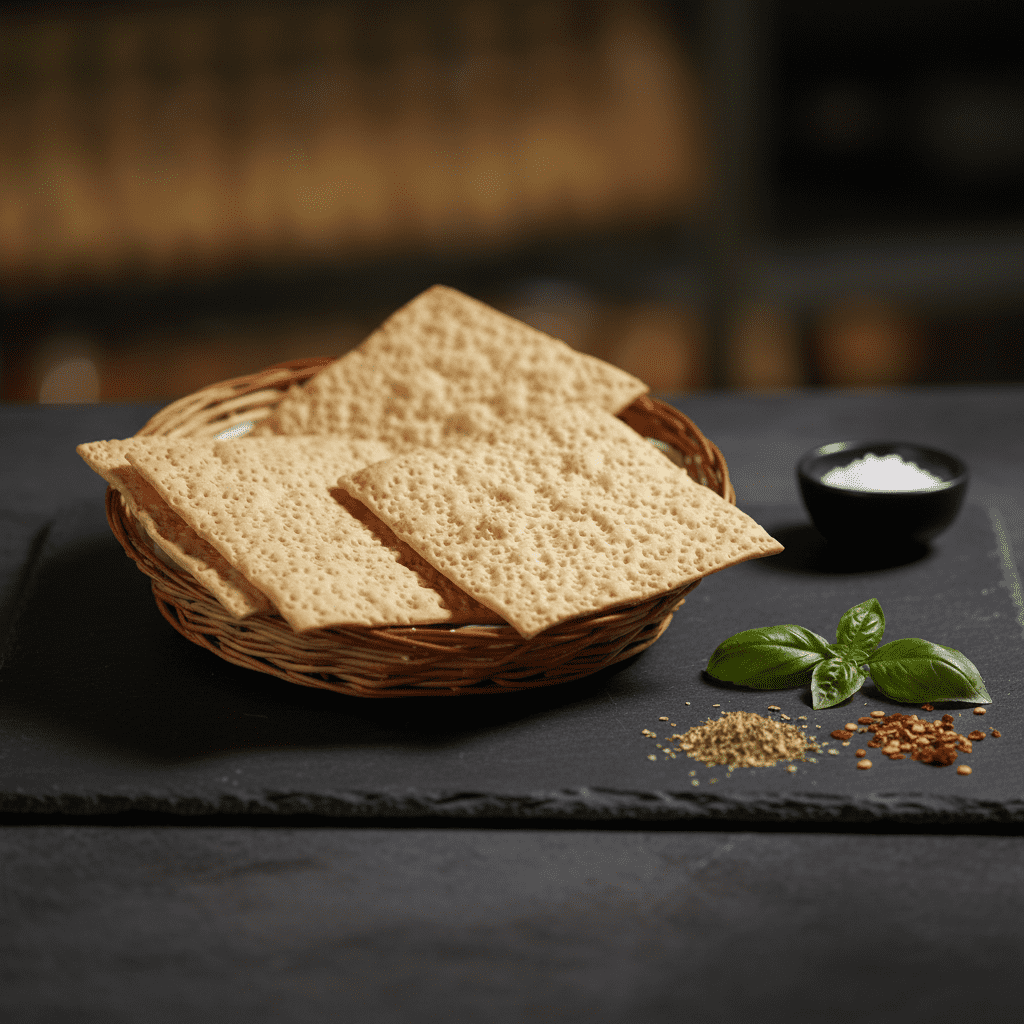 A woven basket holding three square, cracker-style thin crust pizza bases on a black slate board with salt, oregano, and chili flakes.