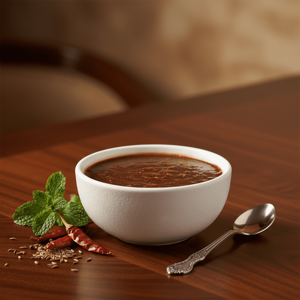 A white textured ceramic bowl filled with glossy dark brown sweet and tangy tamarind chutney, served on a wooden table with a silver spoon, whole dried red chilies, cumin seeds, and a mint sprig.