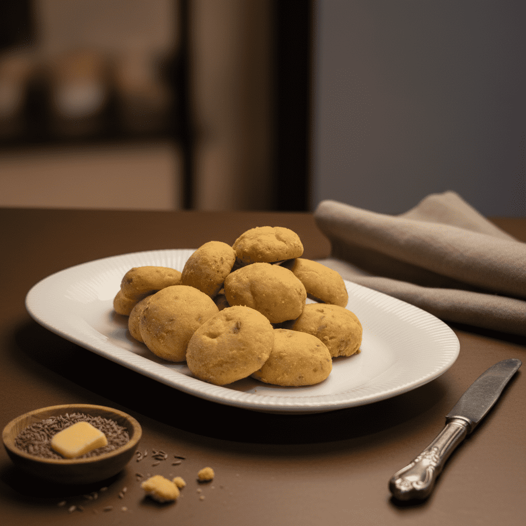 A white ribbed oval plate filled with round, golden-brown Surti butter biscuits, styled next to a small wooden bowl containing cumin seeds and a pat of butter.