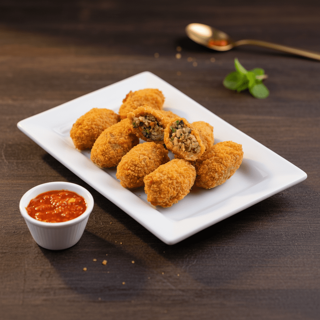A white rectangular platter stacked with crispy golden nuggets, with two pieces broken open in the center to reveal a spiced herb and vegetable filling.