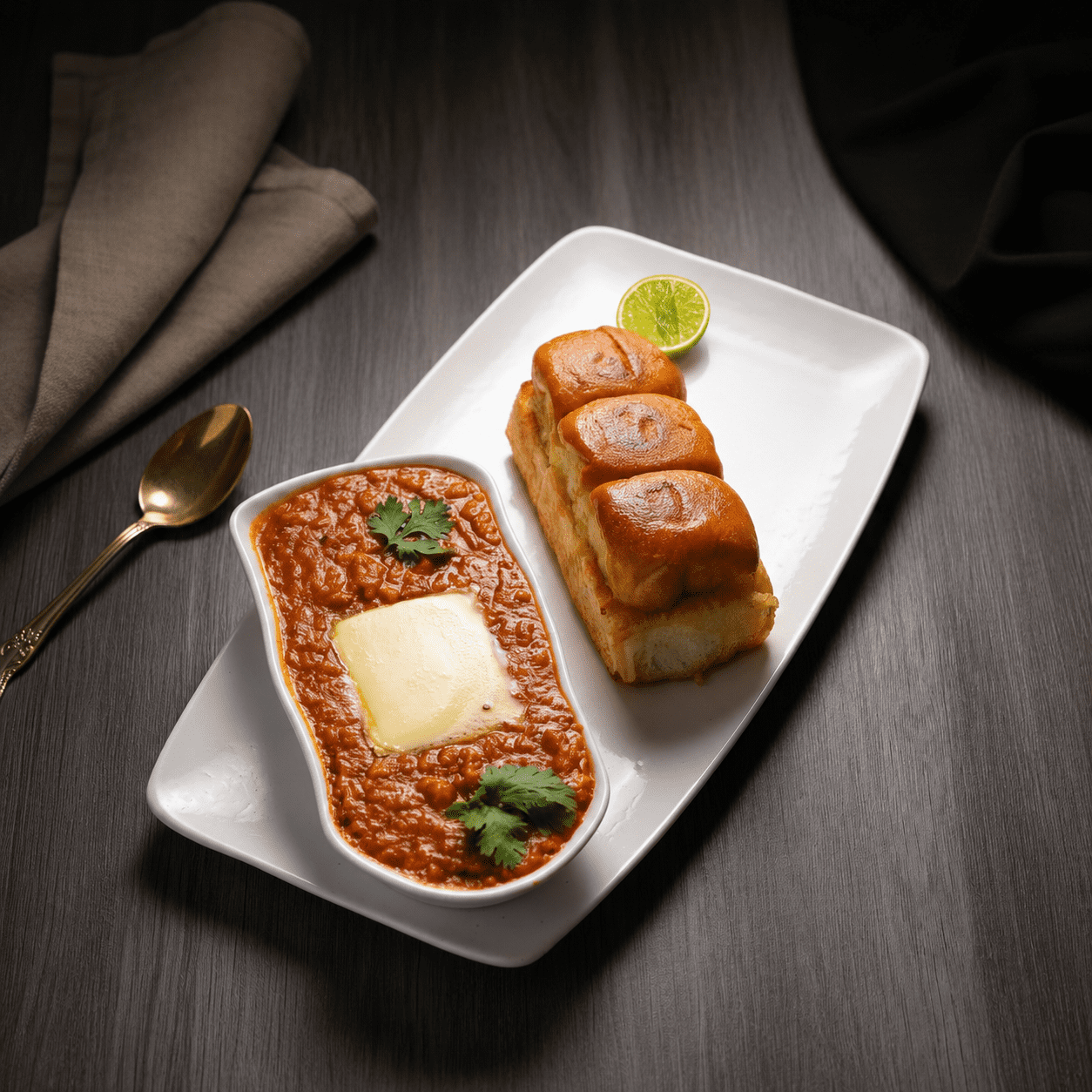 Authentic pav bhaji served with buttered pav and lemon on a premium plated presentation