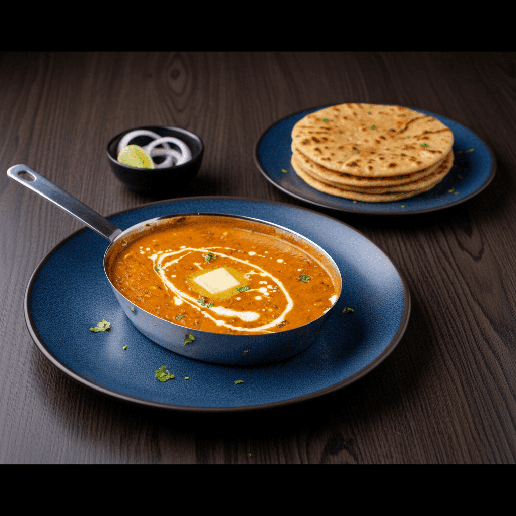 An oval stainless steel pan filled with slow-cooked, creamy Punjabi Dal Makhani with a fresh cream swirl garnish, served with stacked tandoori parathas in the background.